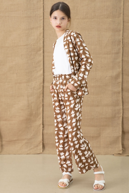 Kahve Desenli Bluzlu Geniş Paça Pantolonlu Kız Çocuk 3lü Takım 20761