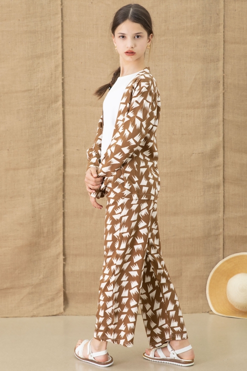 Kahve Desenli Bluzlu Geniş Paça Pantolonlu Kız Çocuk 3lü Takım 20761