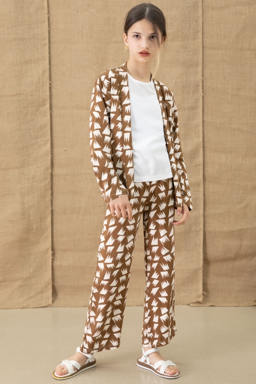 Kahve Desenli Bluzlu Geniş Paça Pantolonlu Kız Çocuk 3lü Takım 20761