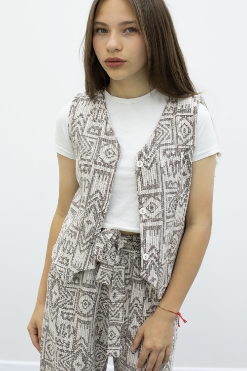 Kahve Desenli Düğmeli Yelekli Geniş Paça Kuşaklı Pantolonlu Kız Çocuk 2li Takım 21012