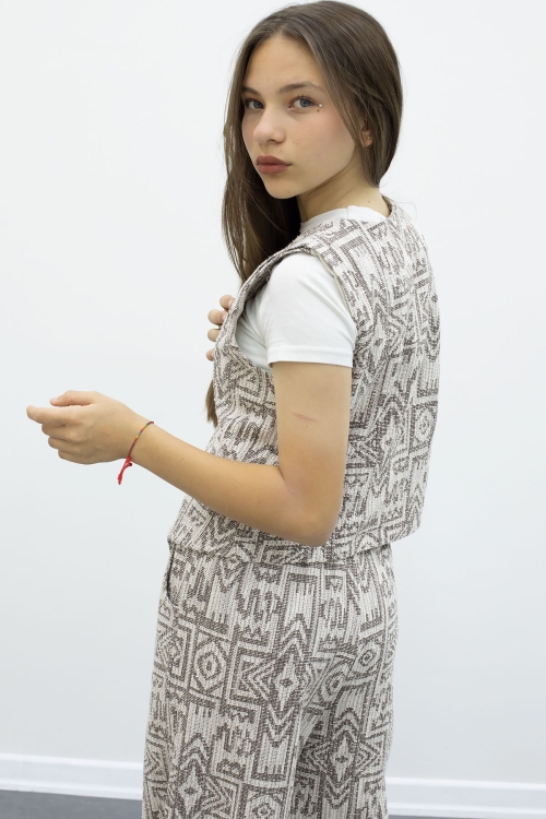 Kahve Desenli Düğmeli Yelekli Geniş Paça Kuşaklı Pantolonlu Kız Çocuk 2li Takım 21012