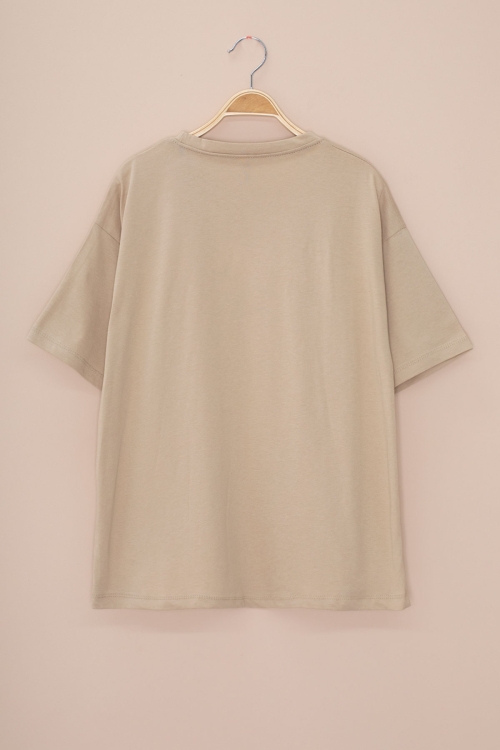 Kahve Dondurma Baskılı Taşlı Kız Çocuk Kısa Kol Oversize Tişört 20795