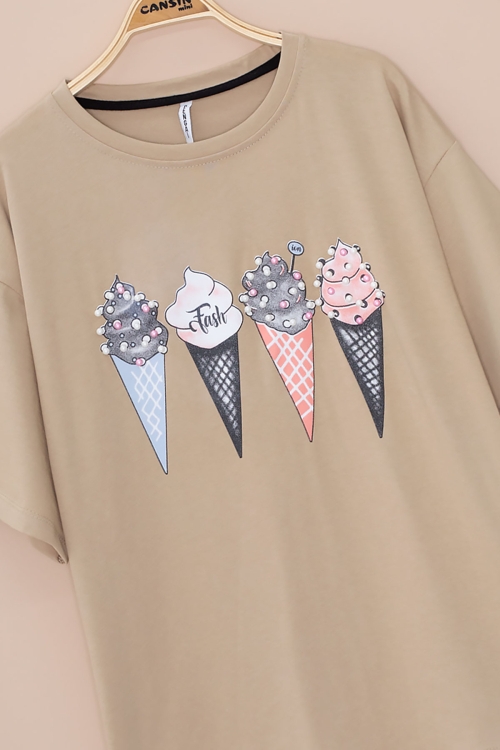 Kahve Dondurma Baskılı Taşlı Kız Çocuk Kısa Kol Oversize Tişört 20795