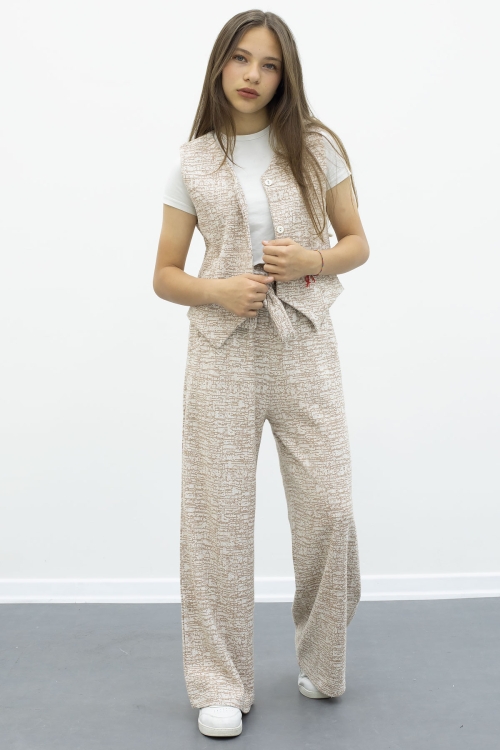 Kahve Düğmeli Yelekli Geniş Paça Kuşaklı Pantolonlu Kız Çocuk 2li Takım 21011