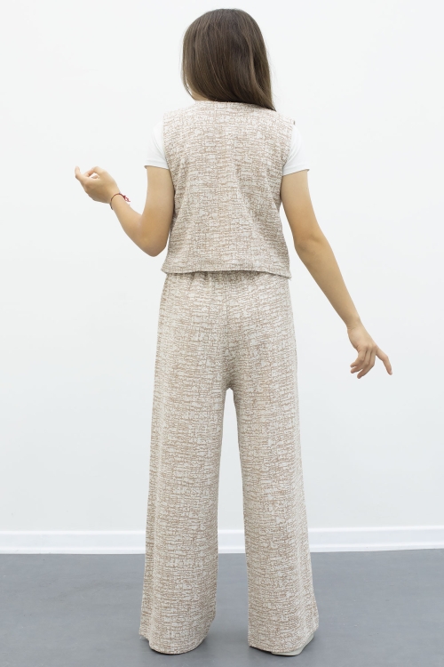 Kahve Düğmeli Yelekli Geniş Paça Kuşaklı Pantolonlu Kız Çocuk 2li Takım 21011