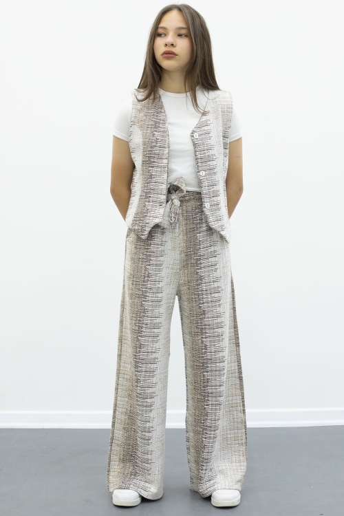 Kahve Düğmeli Yelekli Geniş Paça Kuşaklı Pantolonlu Kız Çocuk 2li Takım 21014