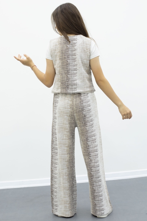 Kahve Düğmeli Yelekli Geniş Paça Kuşaklı Pantolonlu Kız Çocuk 2li Takım 21014