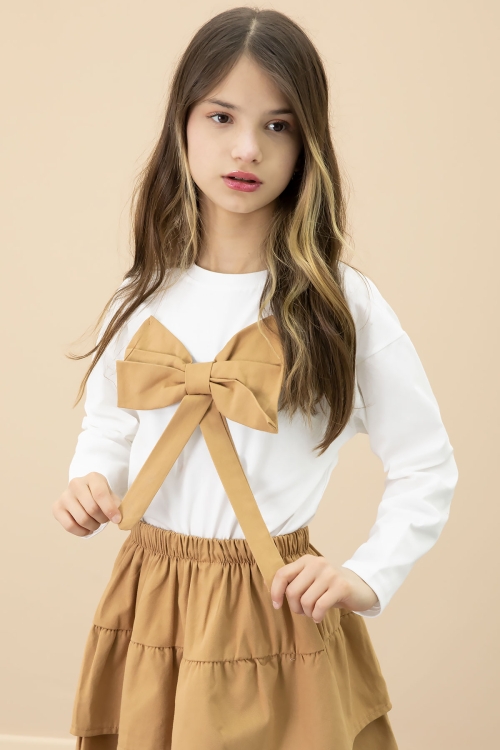 Kahve Fiyonklu Badili Kız Çocuk Etekli 2li Takım 20686