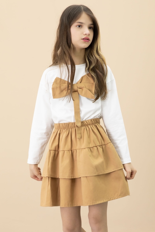 Kahve Fiyonklu Badili Kız Çocuk Etekli 2li Takım 20686