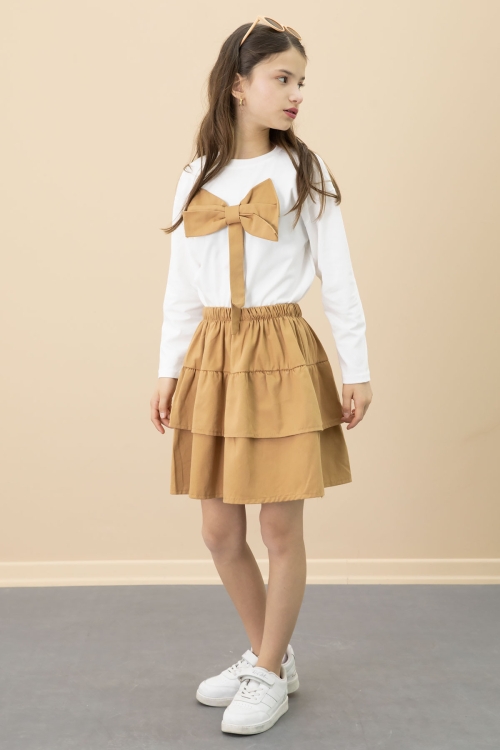 Kahve Fiyonklu Badili Kız Çocuk Etekli 2li Takım 20686