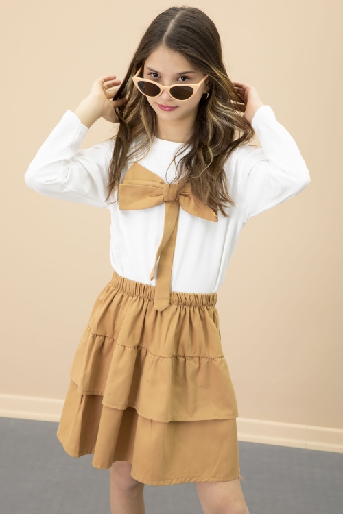 Kahve Fiyonklu Badili Kız Çocuk Etekli 2li Takım 20686