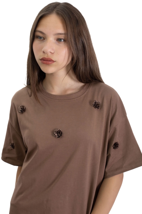 Kahve Gül Nakış Detaylı Kısa Kol Kız Çocuk Oversize Tişört 20808