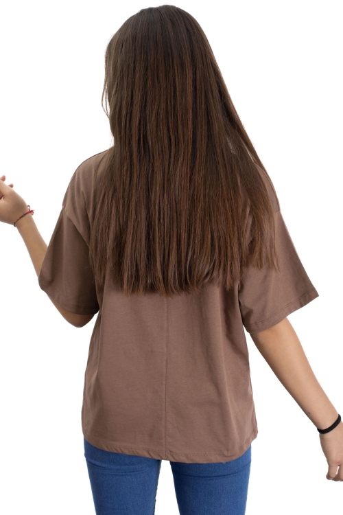 Kahve Gül Nakış Detaylı Kısa Kol Kız Çocuk Oversize Tişört 20808