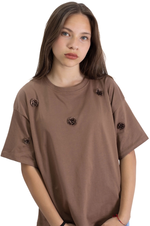 Kahve Gül Nakış Detaylı Kısa Kol Kız Çocuk Oversize Tişört 20808