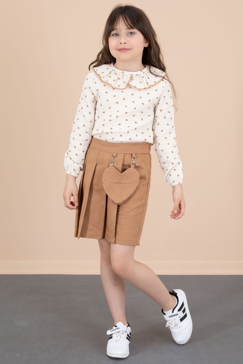 Kahve Kalp Desenli Müslin Gömlekli Kız Çocuk Şort Etekli 2li Takım 20677