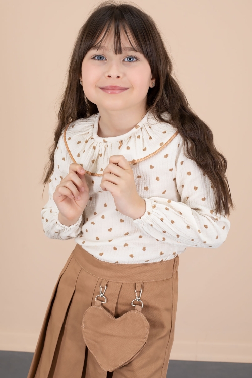 Kahve Kalp Desenli Müslin Gömlekli Kız Çocuk Şort Etekli 2li Takım 20677