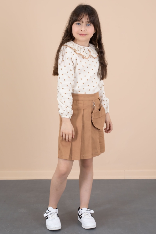 Kahve Kalp Desenli Müslin Gömlekli Kız Çocuk Şort Etekli 2li Takım 20677