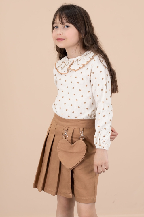 Kahve Kalp Desenli Müslin Gömlekli Kız Çocuk Şort Etekli 2li Takım 20677