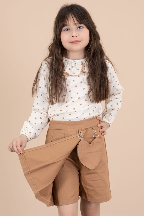 Kahve Kalp Desenli Müslin Gömlekli Kız Çocuk Şort Etekli 2li Takım 20677