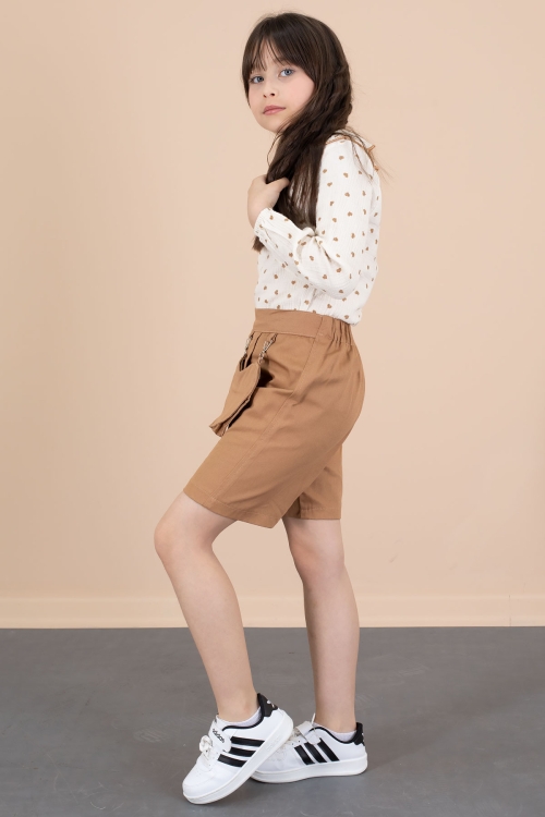 Kahve Kalp Desenli Müslin Gömlekli Kız Çocuk Şort Etekli 2li Takım 20677