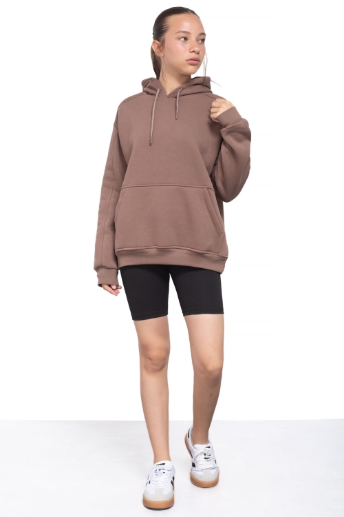Kahve Kanguru Cepli Basic Şardonlu Kız Çocuk Kapüşonlu Sweatshirt 21208