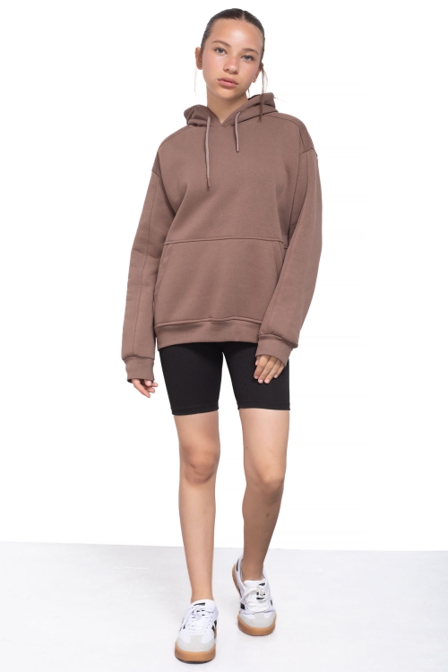 Kahve Kanguru Cepli Basic Şardonlu Kız Çocuk Kapüşonlu Sweatshirt 21208