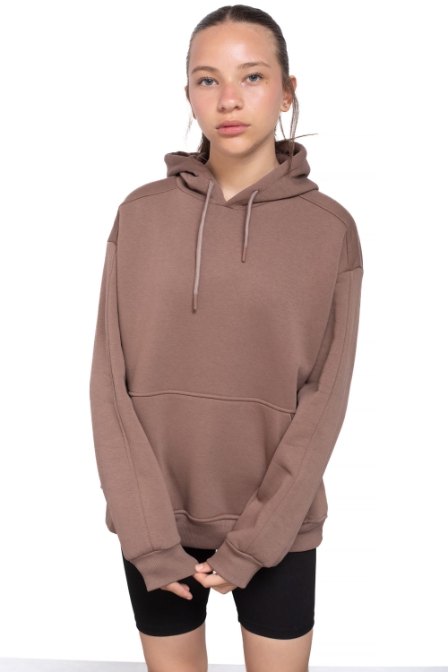 Kahve Kanguru Cepli Basic Şardonlu Kız Çocuk Kapüşonlu Sweatshirt 21208