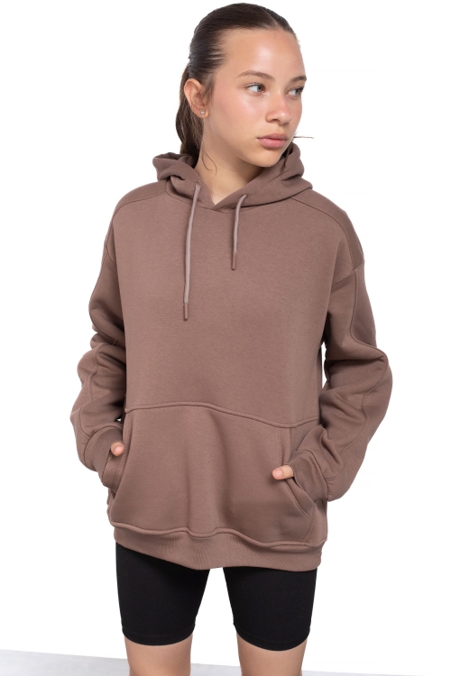 Kahve Kanguru Cepli Basic Şardonlu Kız Çocuk Kapüşonlu Sweatshirt 21208