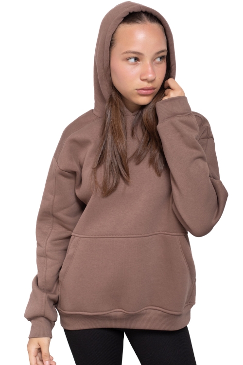 Kahve Kanguru Cepli Basic Şardonlu Kız Çocuk Kapüşonlu Sweatshirt 21208