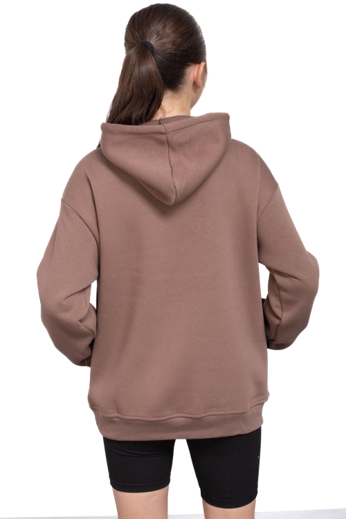 Kahve Kanguru Cepli Basic Şardonlu Kız Çocuk Kapüşonlu Sweatshirt 21208