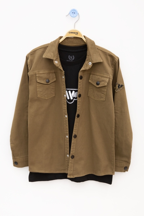 Kahve Keten Gömlekli Bisiklet Yaka Baskılı Tişörtlü Erkek Çocuk 2li Takım 20257