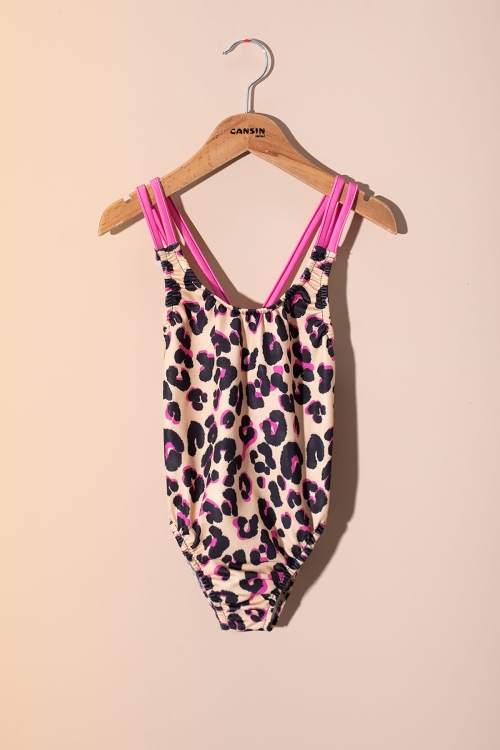 Kahve Leopar Desenli Askılı Kız Çocuk Mayo 21072