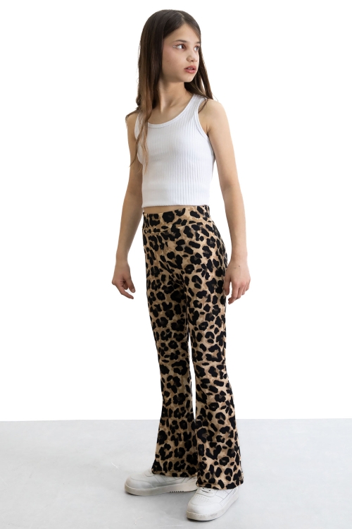 Kahve Leopar Desenli İspanyol Paça Kız Çocuk Fitilli Tayt 20772