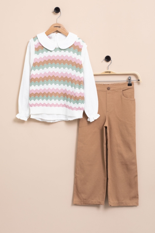 Kahve Örgü Süveterli Müslin Gömlekli Kız Çocuk Pantolonlu 3lü Takım 20670
