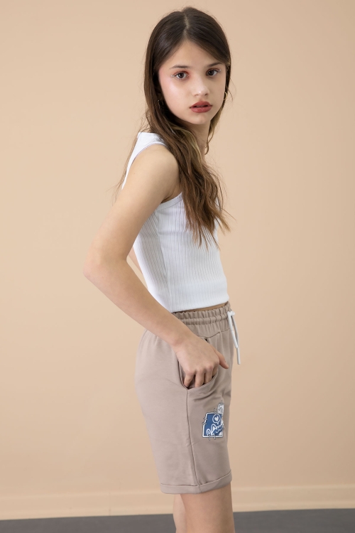Kahve Patili Cute Baskılı Kız Çocuk Beli Lastikli Şort 20729
