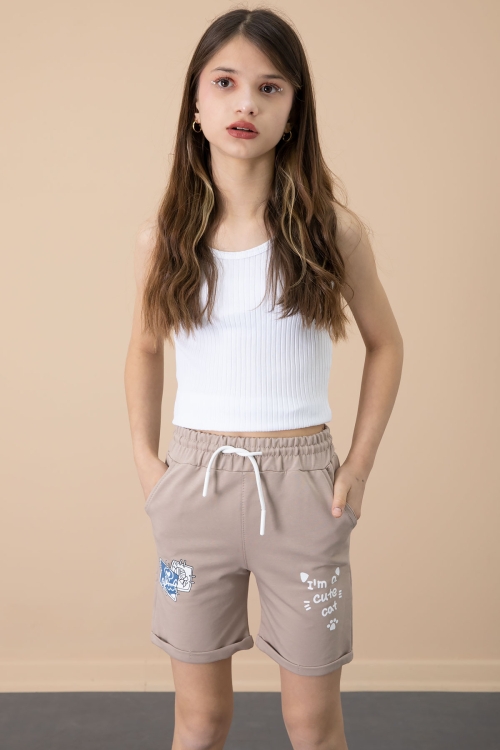 Kahve Patili Cute Baskılı Kız Çocuk Beli Lastikli Şort 20729