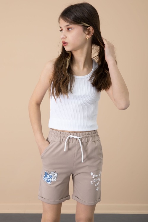 Kahve Patili Cute Baskılı Kız Çocuk Beli Lastikli Şort 20729