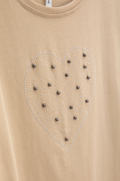 Kahve Payetli Kalp Desenli Kısa Kol Kız Çocuk Oversize Tişört 20790