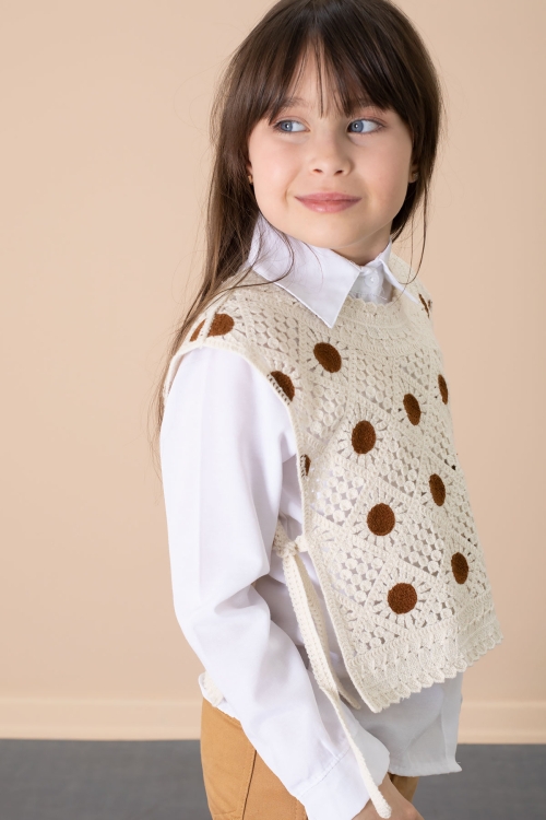 Kahve Puantiyeli Süveterli Pantolonlu Kız Çocuk Gömlekli 3lü Takım 20684