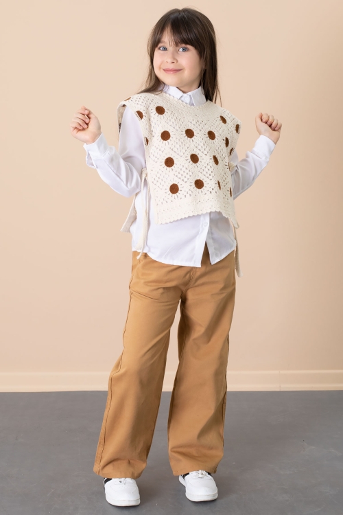 Kahve Puantiyeli Süveterli Pantolonlu Kız Çocuk Gömlekli 3lü Takım 20684