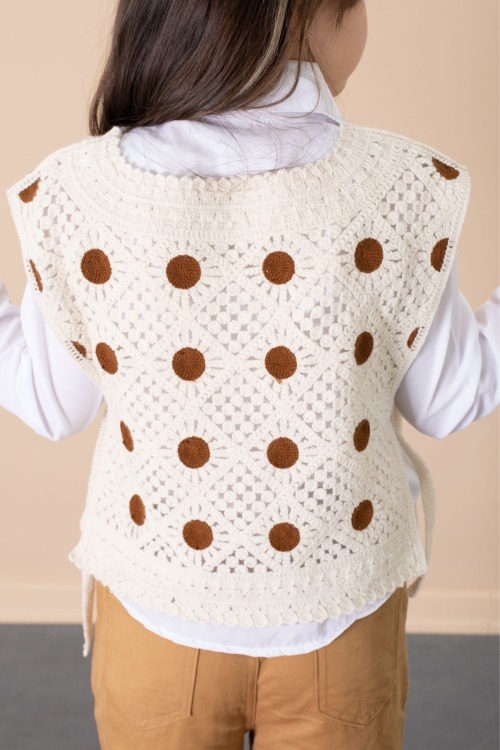 Kahve Puantiyeli Süveterli Pantolonlu Kız Çocuk Gömlekli 3lü Takım 20684