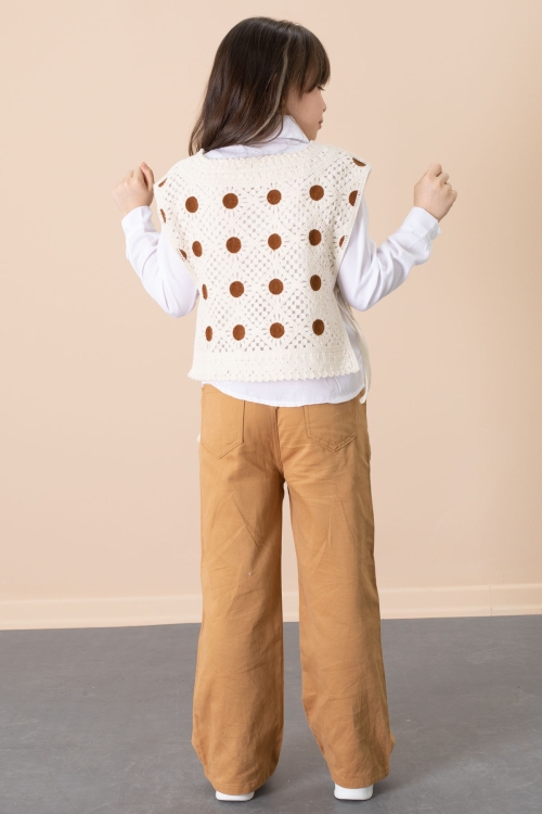 Kahve Puantiyeli Süveterli Pantolonlu Kız Çocuk Gömlekli 3lü Takım 20684