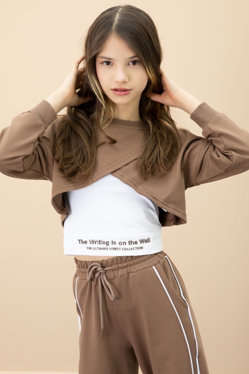 Kahve Şerit Detaylı Geniş Paça Croplu Kız Çocuk 3lü Takım 20702