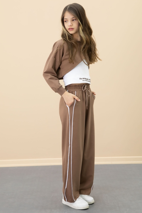 Kahve Şerit Detaylı Geniş Paça Croplu Kız Çocuk 3lü Takım 20702