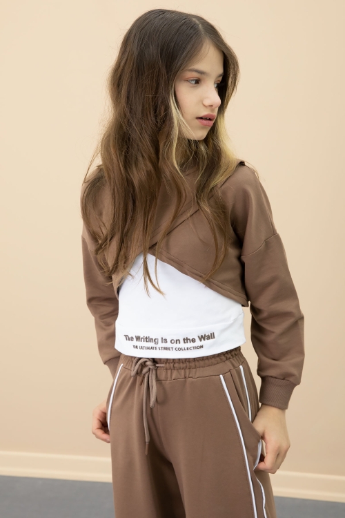 Kahve Şerit Detaylı Geniş Paça Croplu Kız Çocuk 3lü Takım 20702