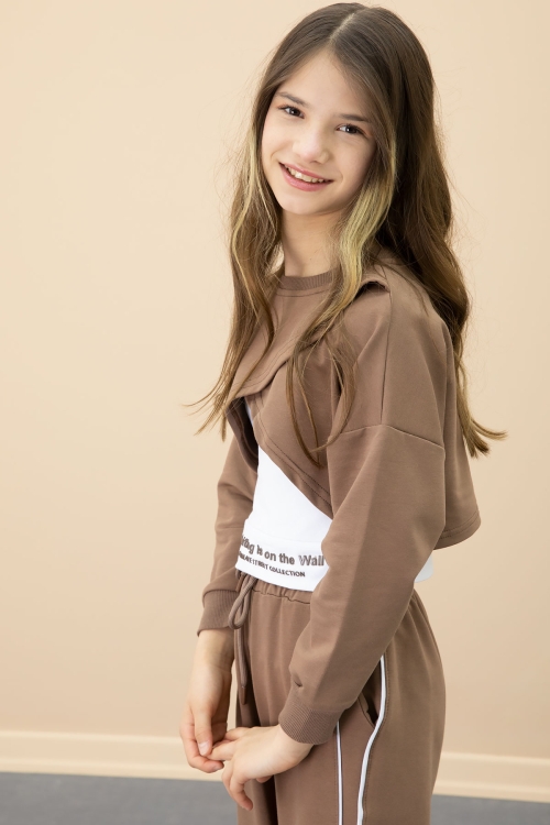 Kahve Şerit Detaylı Geniş Paça Croplu Kız Çocuk 3lü Takım 20702