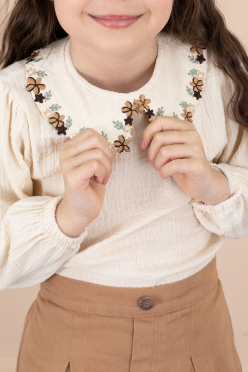 Kahve Yakası Çiçek Nakışlı Müslin Gömlekli Etekli Kız Çocuk 2li Takım 20674