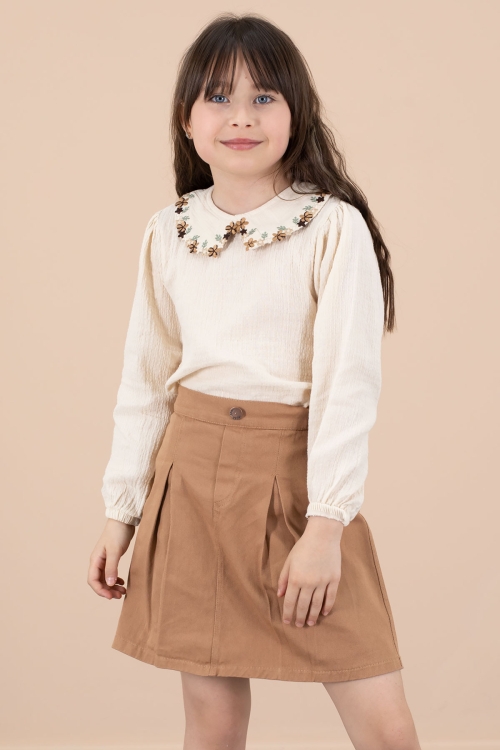 Kahve Yakası Çiçek Nakışlı Müslin Gömlekli Etekli Kız Çocuk 2li Takım 20674