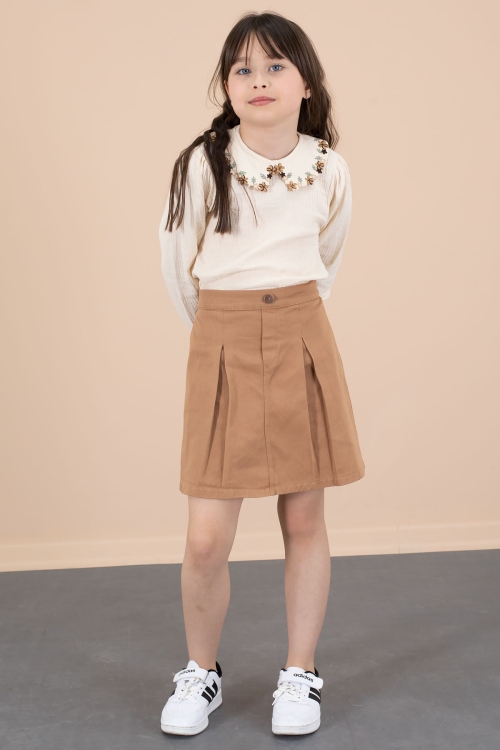 Kahve Yakası Çiçek Nakışlı Müslin Gömlekli Etekli Kız Çocuk 2li Takım 20674