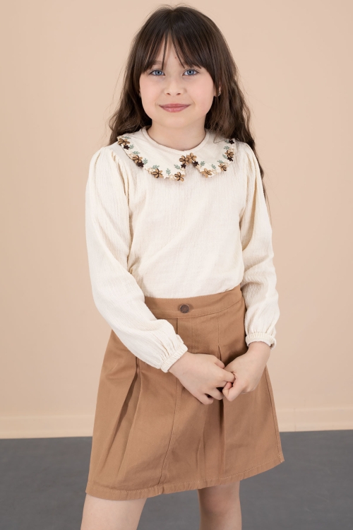 Kahve Yakası Çiçek Nakışlı Müslin Gömlekli Etekli Kız Çocuk 2li Takım 20674